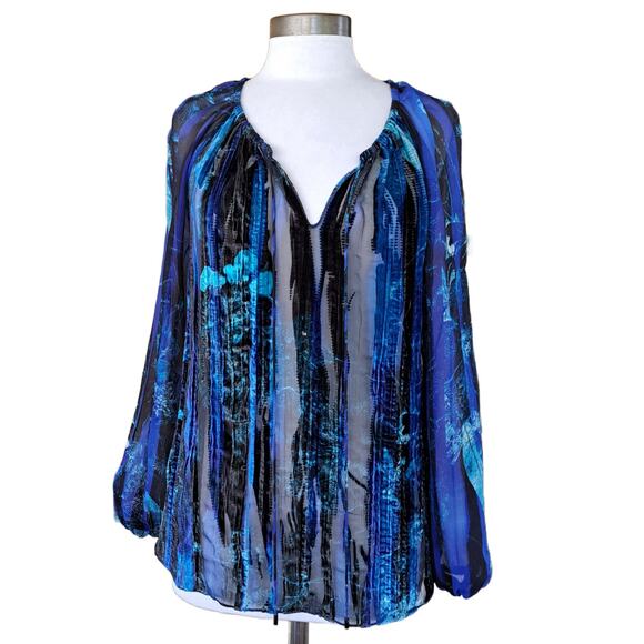 ELIE TAHARI Luxe Burnout Velvet Silk Peasant Blouse Medium Top Blue Black - Picture 1 of 10